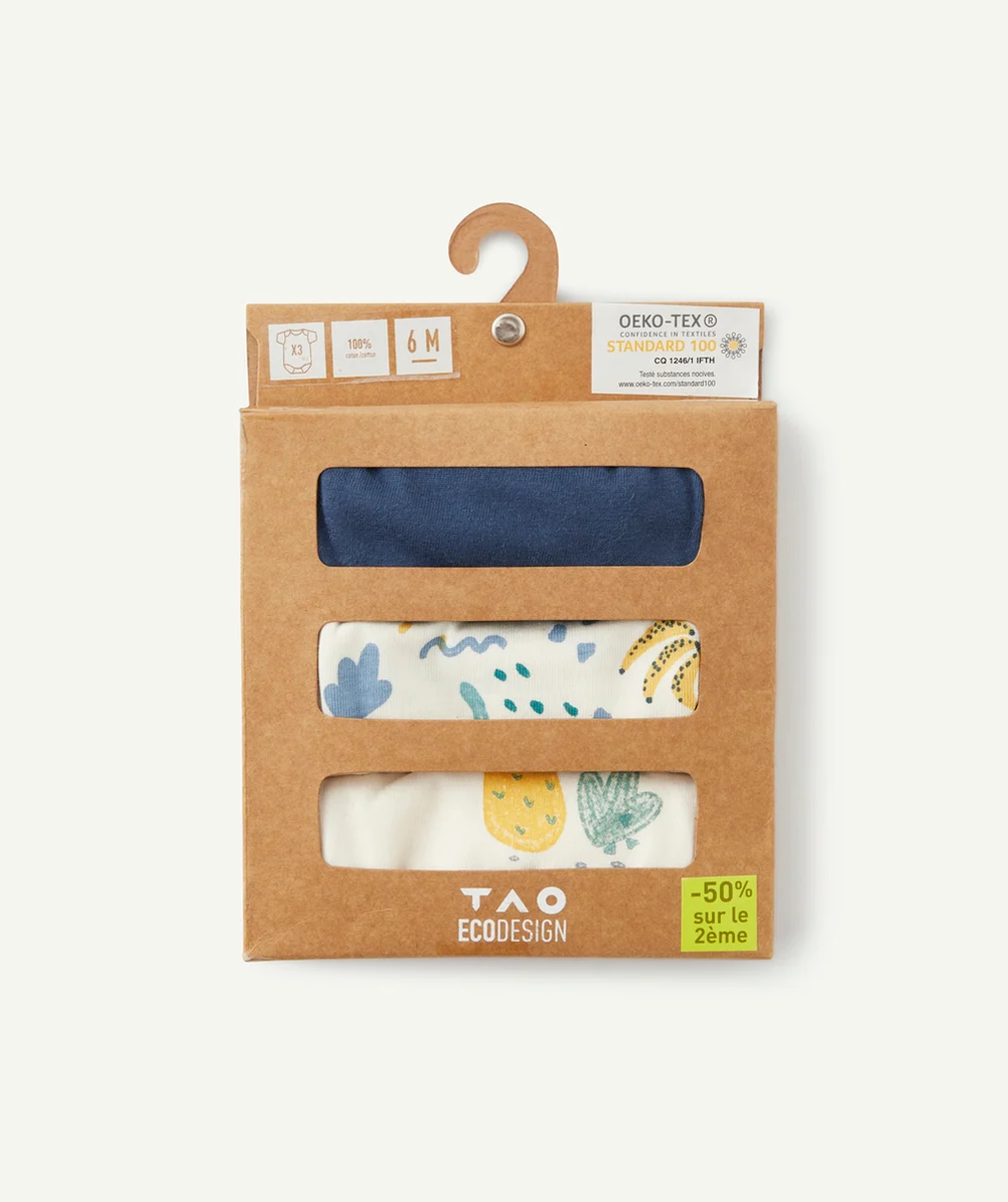 LOT DE 3 BODIES BÉBÉ EN COTON BIO IMPRIMÉ COLORÉ ET UNI