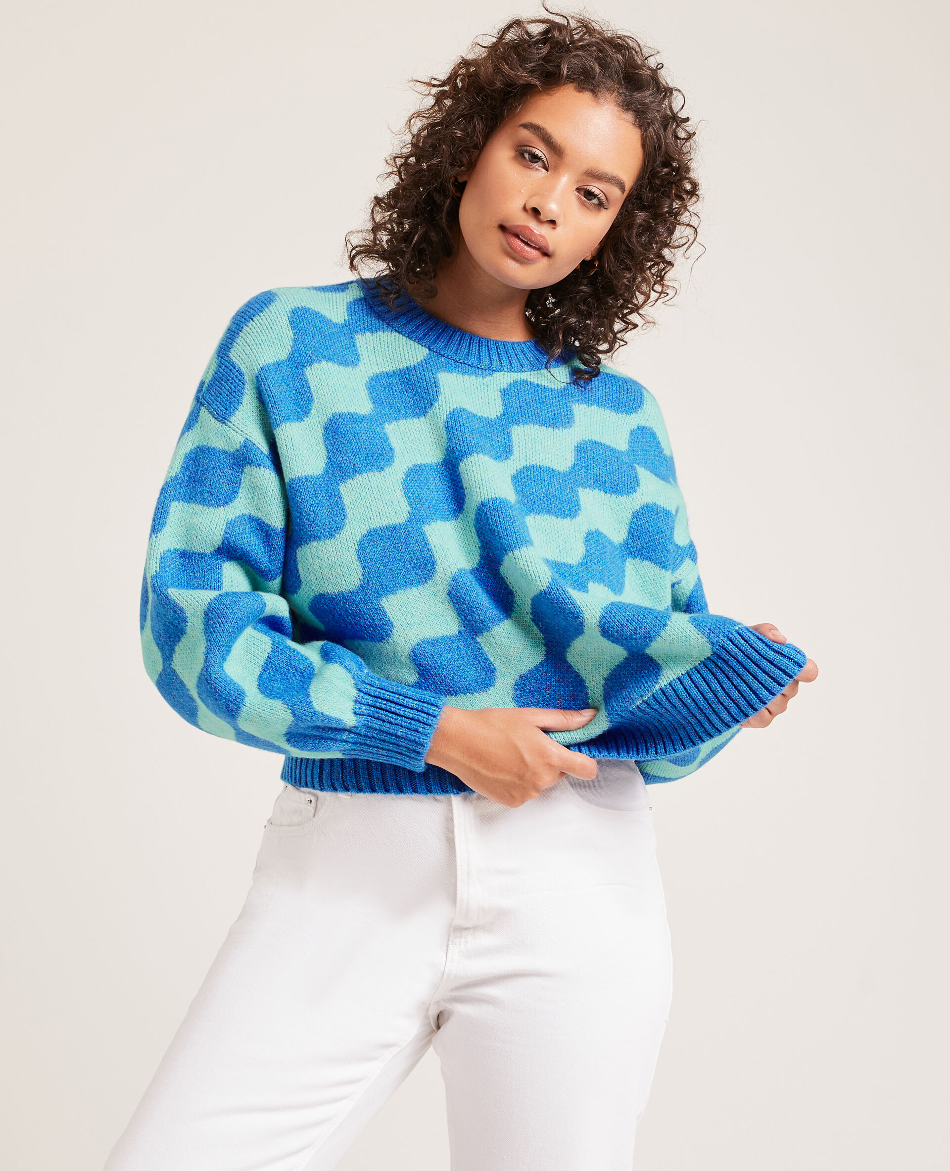 Pull col rond manches ballons - Bleu électrique