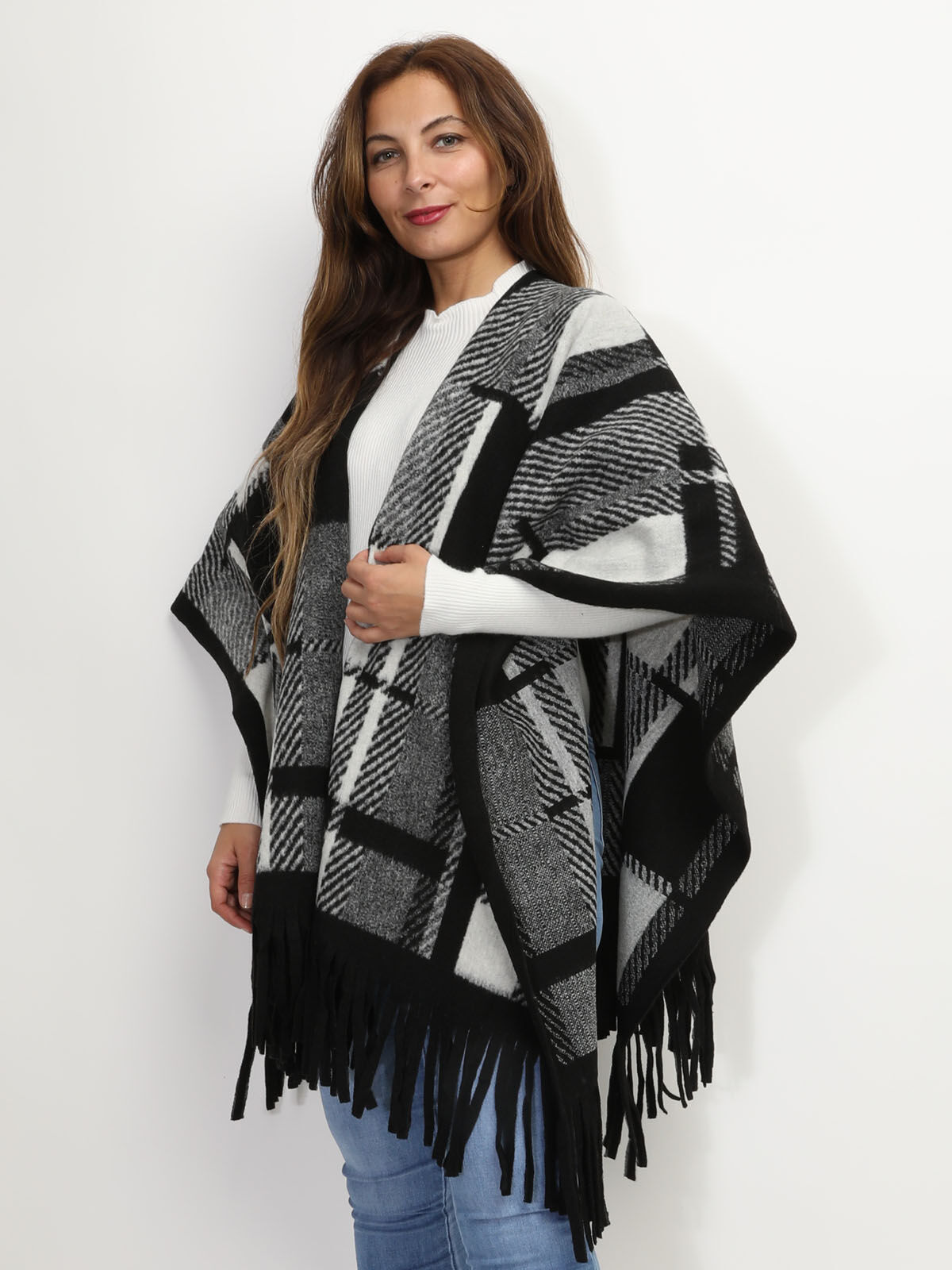 Poncho à franges motif tartan- Noir