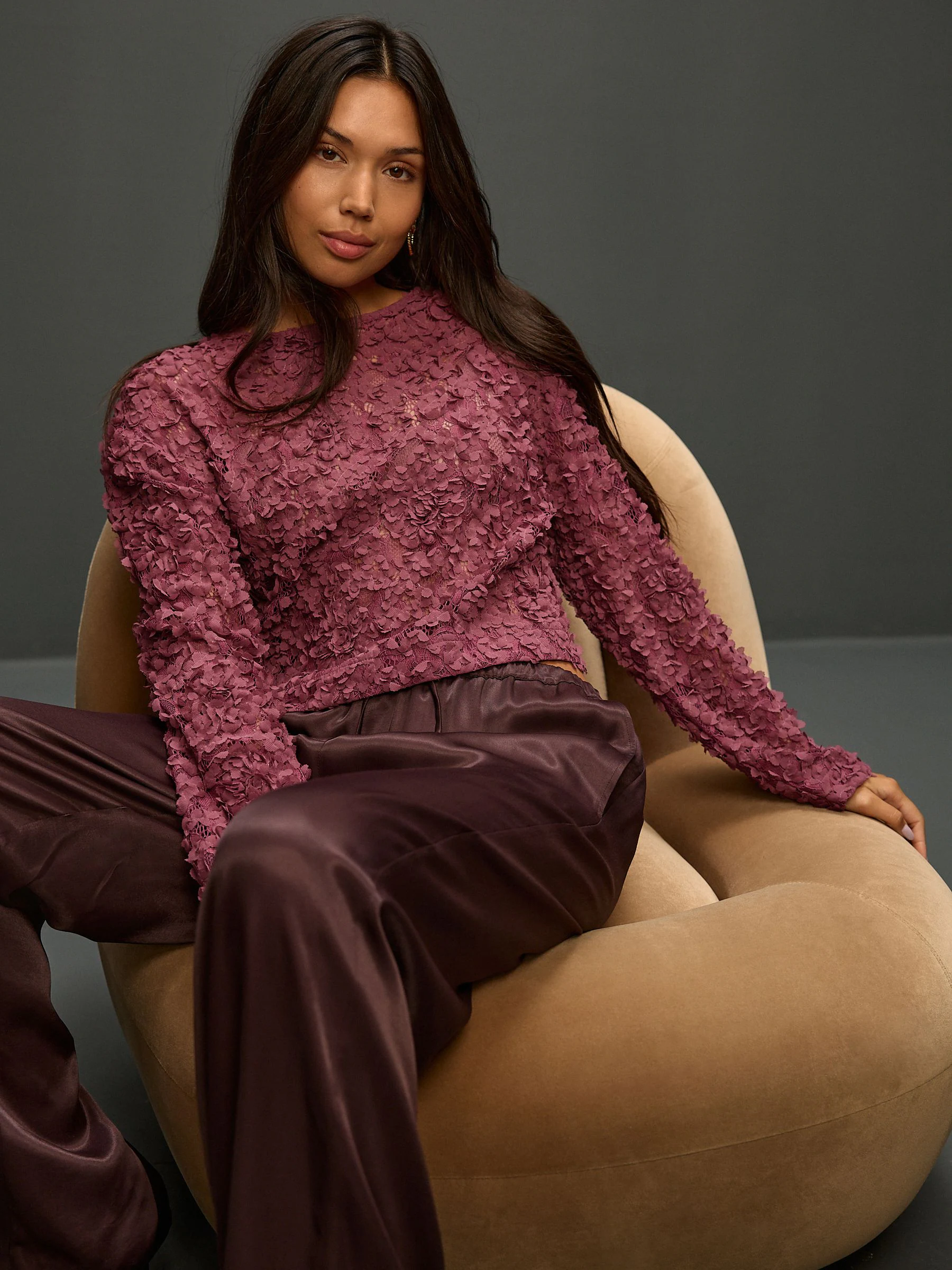Mauve-paars - 3D Floral Long Sleeve Crew Neck Top
