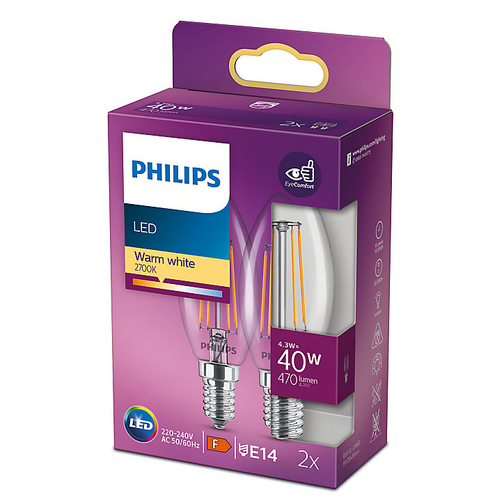 Lot 2 ampoules E14 (SES) flamme transparent 470lm 4.3W IP20 blanc chaud Philips