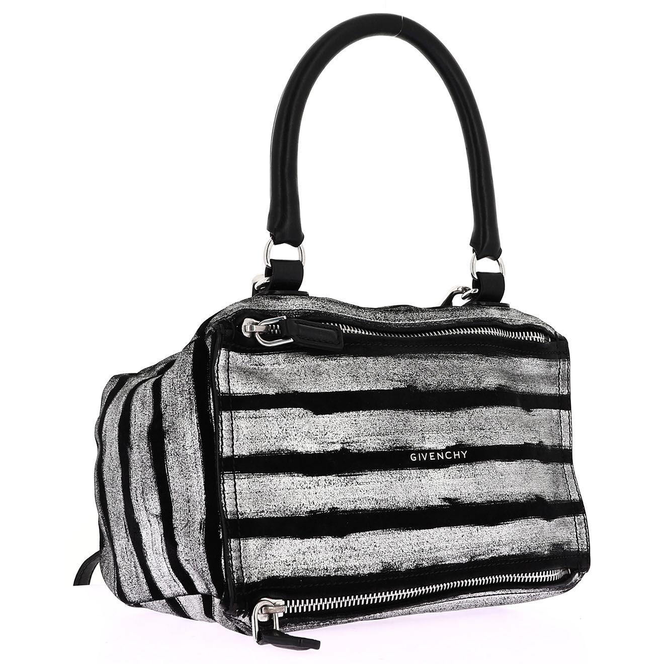 Givenchy Sac bandoulière en Velours de Cuir Pandora Moyen argenté/noir - Très bon état - Longueur 26 cm