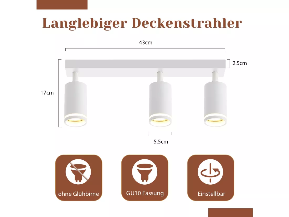 NETTLIFE Plafonnier Blanc moderne : 3 spots de plafond orientables en métal, plafonnier GU10, pour chambre, salle à manger, sans ampoule