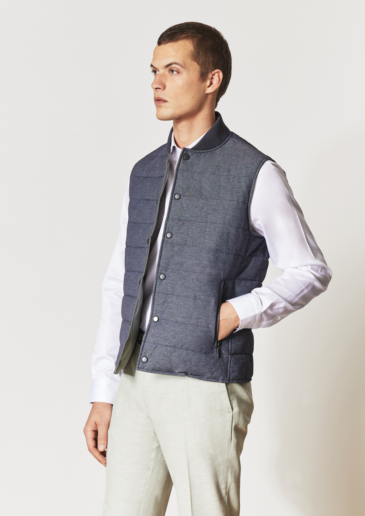 Doudoune light sans manches unie bleu jeans réversible