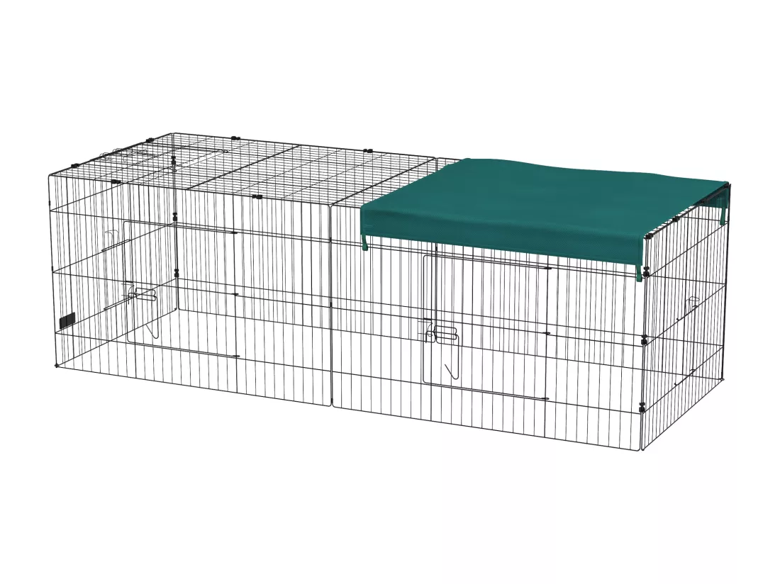 Parc enclos petits animaux - 2 portes, 3 trappes nourrissages, zone couverte - acier noir polyester vert