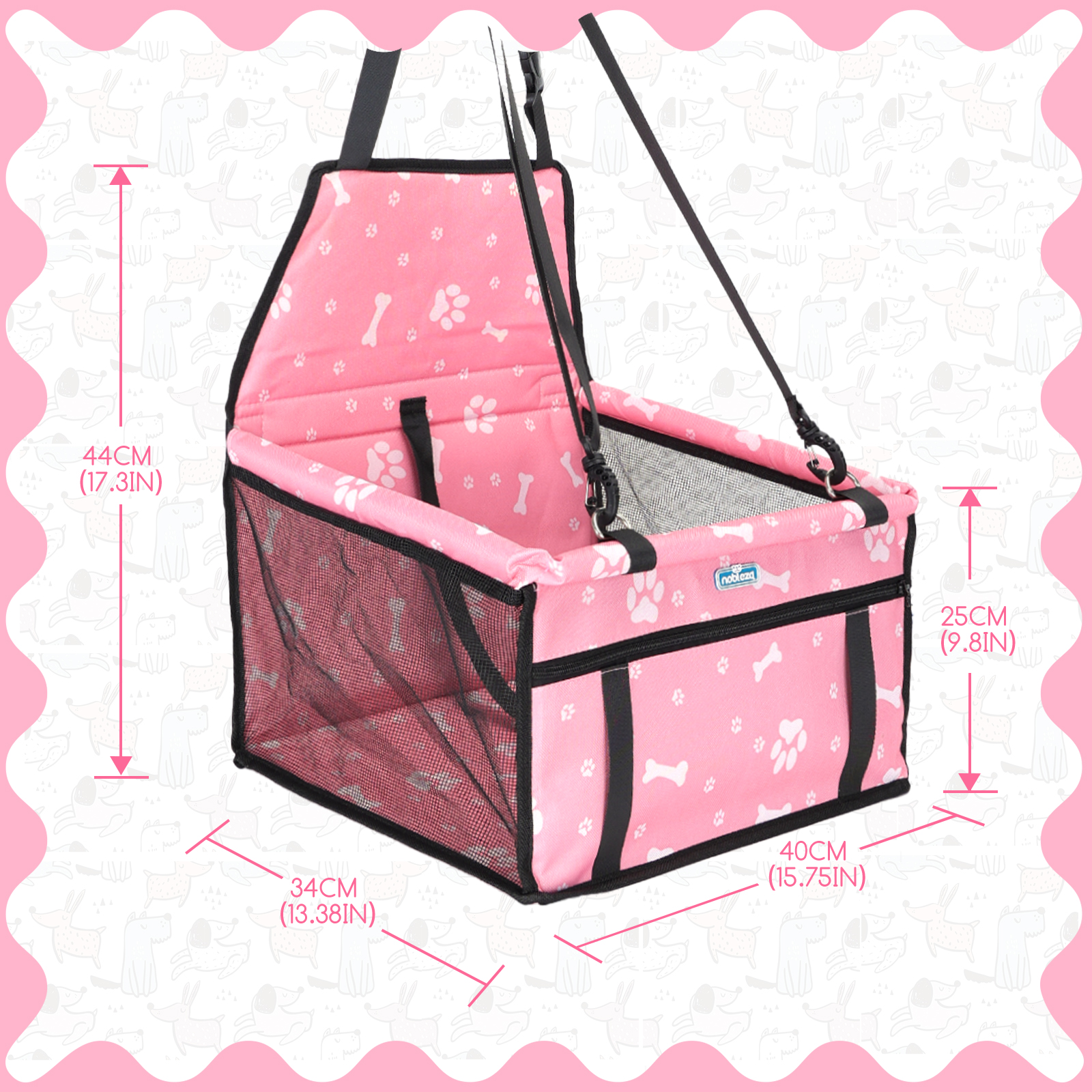 Nobleza - Assento Elevatório para Carro para Cães, Assento de Segurança para Animais de Estimação para Cães e Gatos, Dobrável, Bolsa de Viagem Lavável e Outros Animais de Pequeno Porte com Bolso com Zíper, 40 * 34 * 25 cm, Rosa