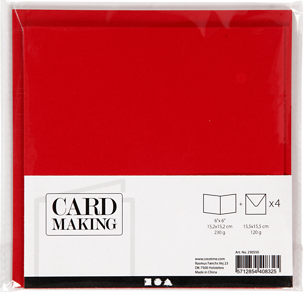 Kort Og Kuverter - Kort Str. 15,2X15,2 CM - Kuvert Str. 16X16 CM - 230 G - Rød - 4 Sæt