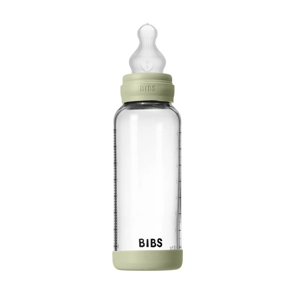 BIBS Glazen Babyfles - 240 ml - Sage -met silicone speen en opvouwbare trechtertje