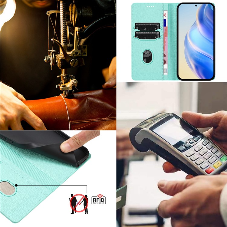 Samsung Galaxy S25 Leder Tasche Flip Wallet Etui mit Kartenfächern Litchi Look (RFID Schutz) - Türkis