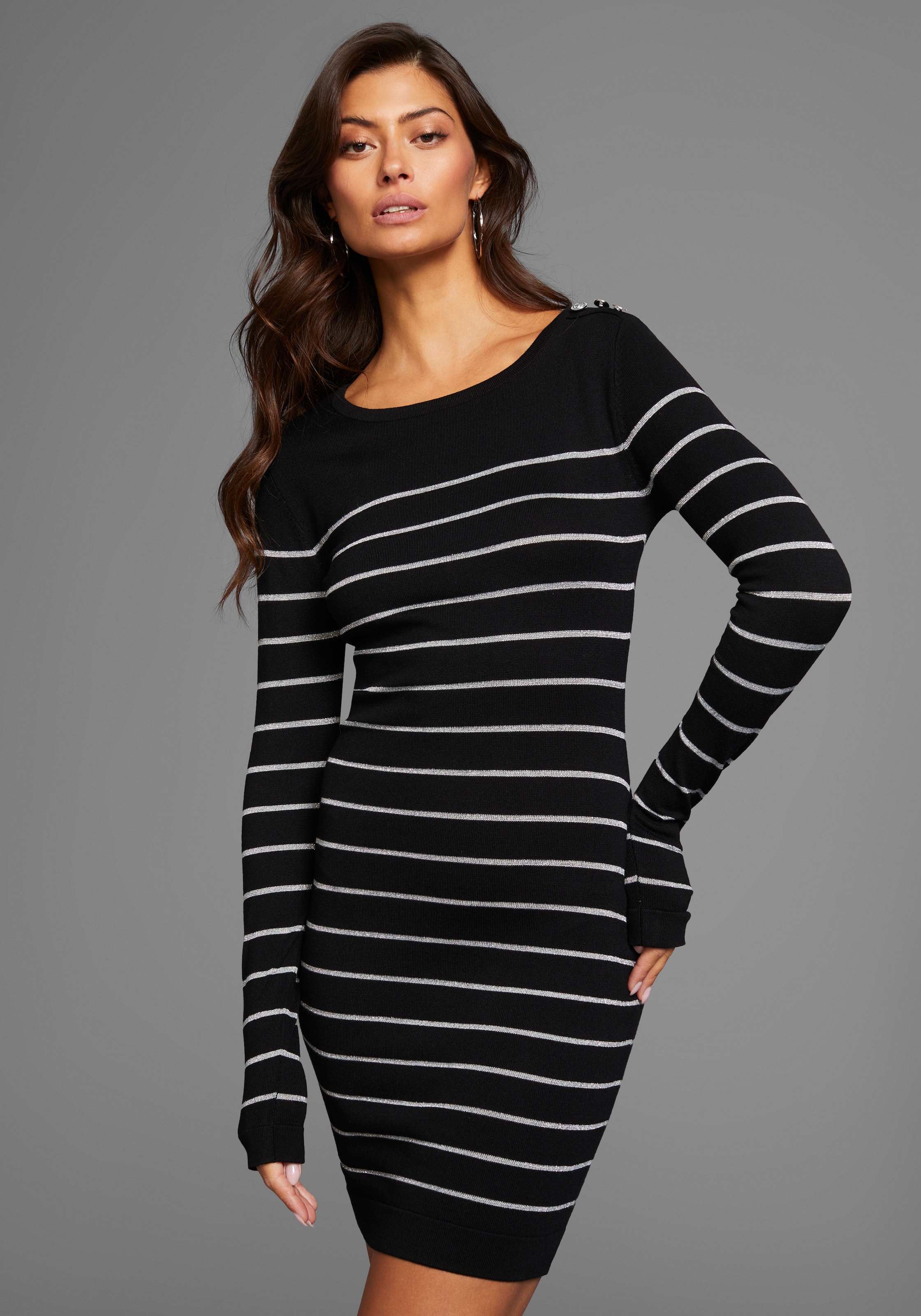 Laura Scott Strickkleid mit Glitzer-Streifen und Schulterknöpfen