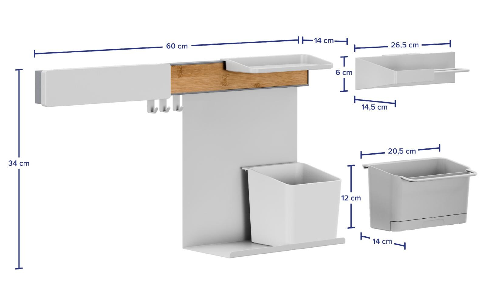 Kombi Set XL Bambus/Weiss<br>Kombi-Set XL – selbstklebende Leiste + Topf, Ablagen, Messer- & Rollenhalter, Haken