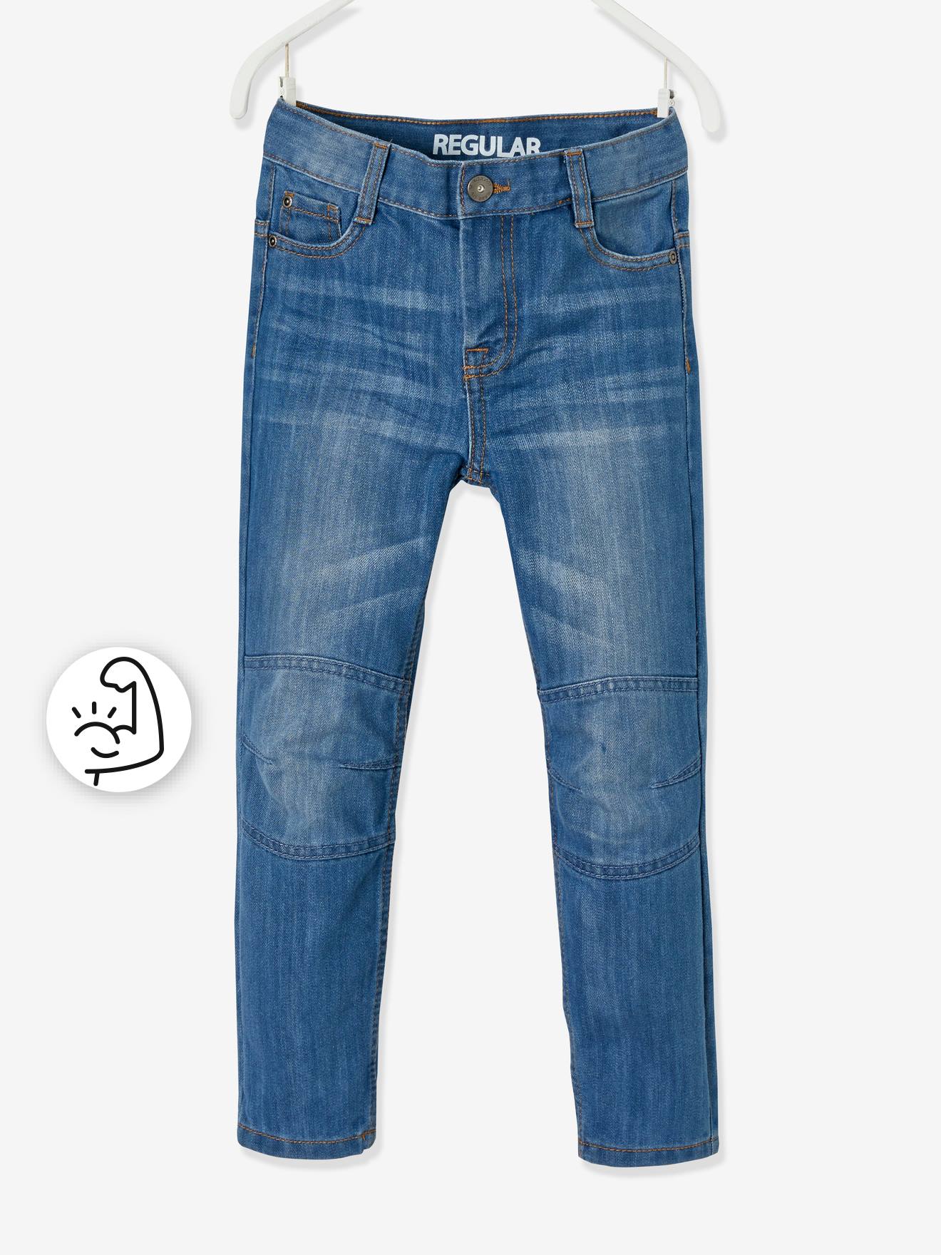 Calça jeans indestrutível de perna reta para meninos, modelagem morfológica para quadris largos, corte slim, lavagem azul escura
