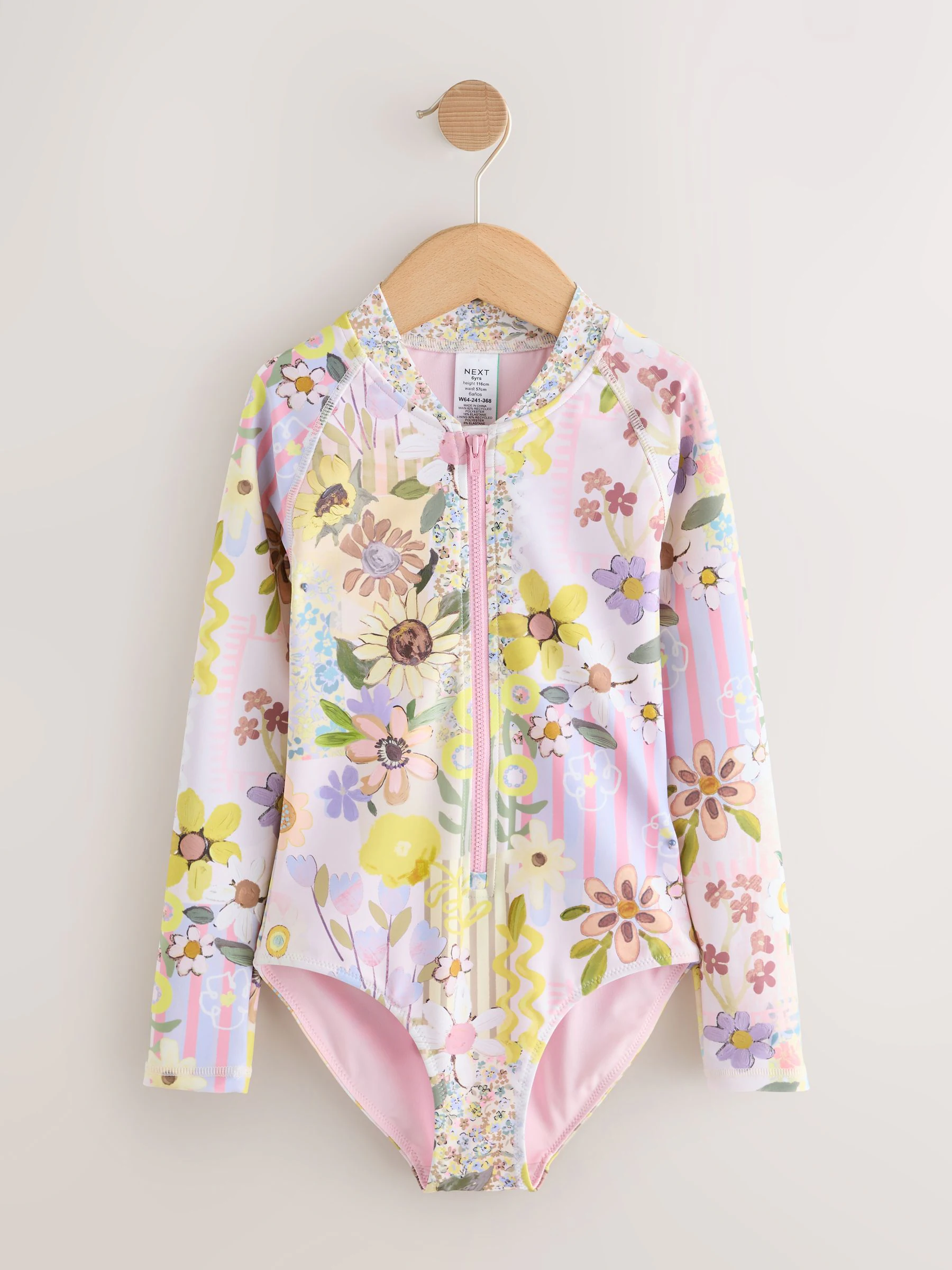 Roze met gebloemde lapjesprint - Long Sleeve Sunsafe Swimsuit (3mths-16yrs)