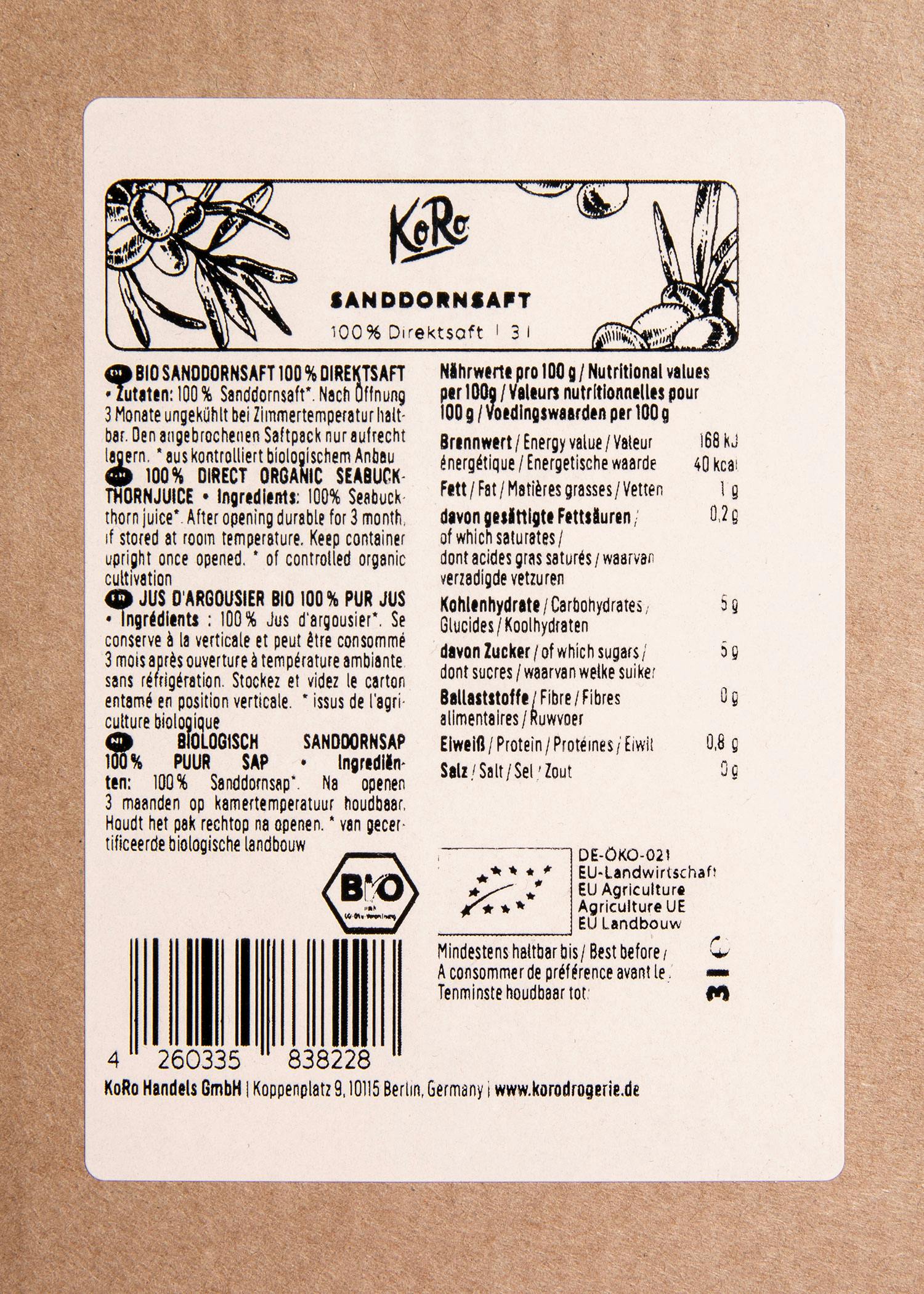 Bio Sanddorn Saft Bag-in-Box 3 L