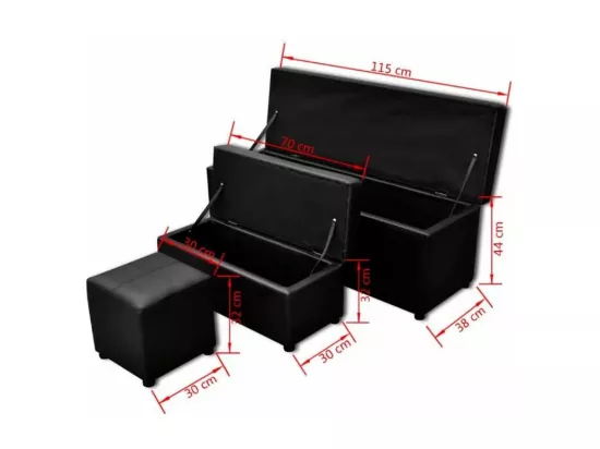 Banquette coffre avec pouf capitonné simili cuir noir Mandai - lot de 3