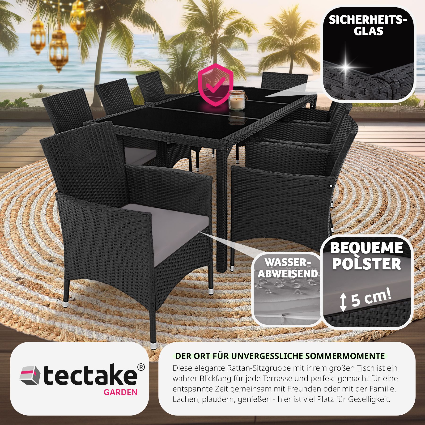 tectake® Rattan Sitzgruppe, für 8 Personen, UV-beständig, inklusive Schutzhülle