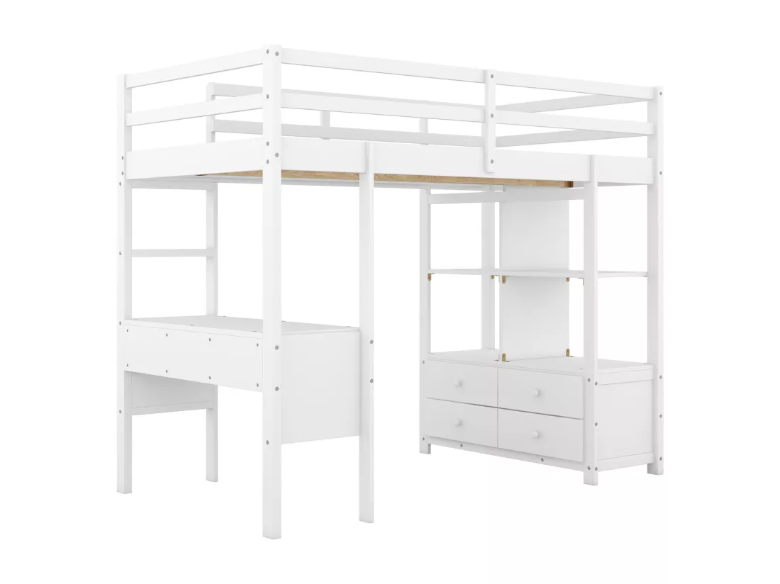 Lit mezzanine 90x200cm pour enfant - lit surélevé avec tiroirs de rangement, bureau et bibliothèque de rangement sous le lit - blanc