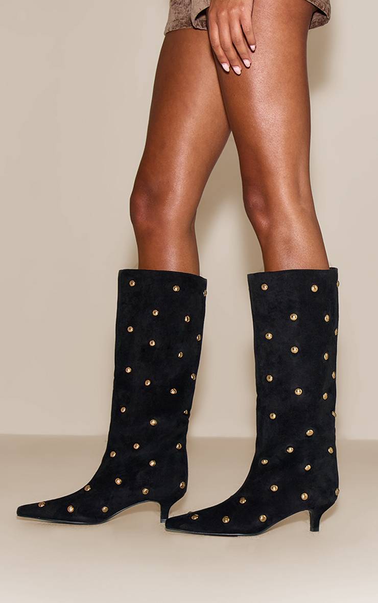 Noir Bottes À Talon Chaton En Daim Doré À Clous Bombés