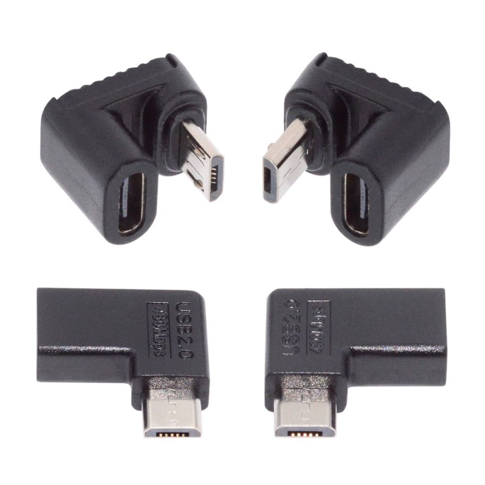 (4er Set) Micro USB (m.) auf USB C (w.) 90° Grad Winkel Verlängerungs Adapter Konverter - Schwarz