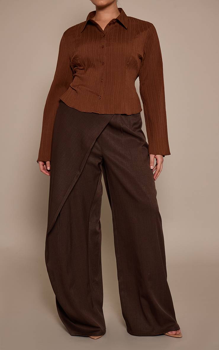 Marron Pantalon Grande Taille À Devant Cache-cœur En Tissu Tissé