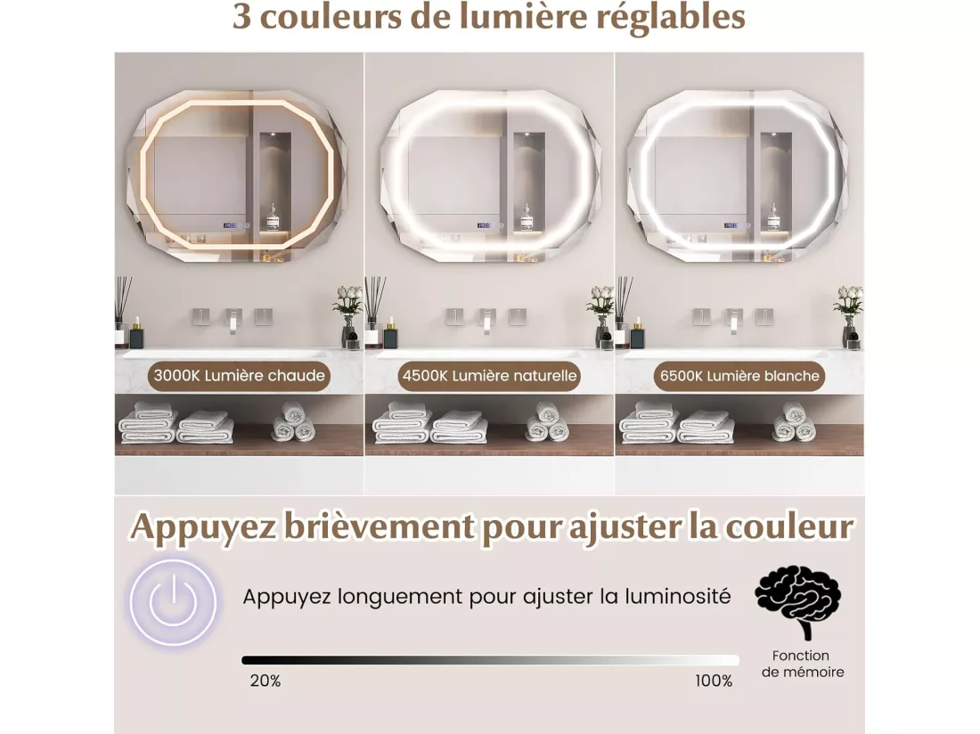 Miroir Salle de Bain LED à 3 Couleurs & Luminosité Réglable, Miroir Mural Ovale Anti-Buée, Miroir Lumineux Salle de Bain avec Interrupteur Tactile, Fonction Mémoire, 91,5 x 71 CM