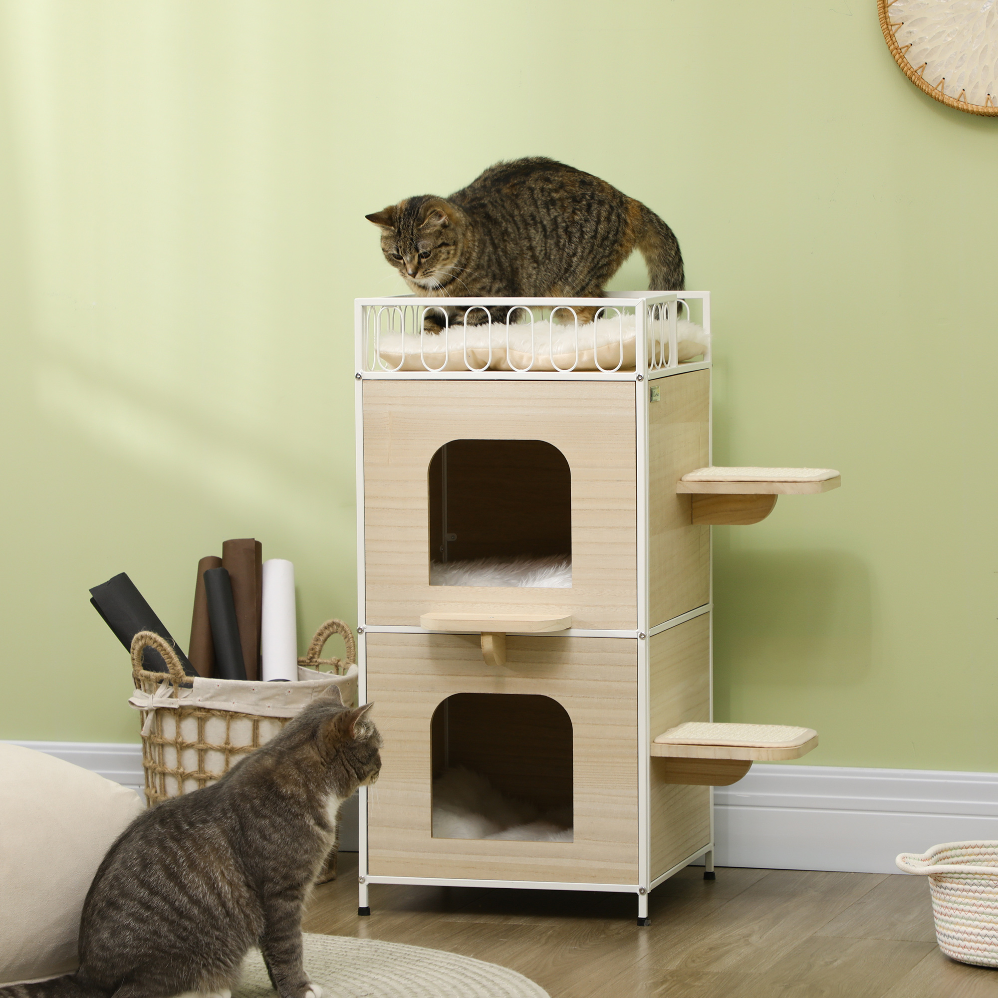 Casinha de madeira natural para gatos PawHut