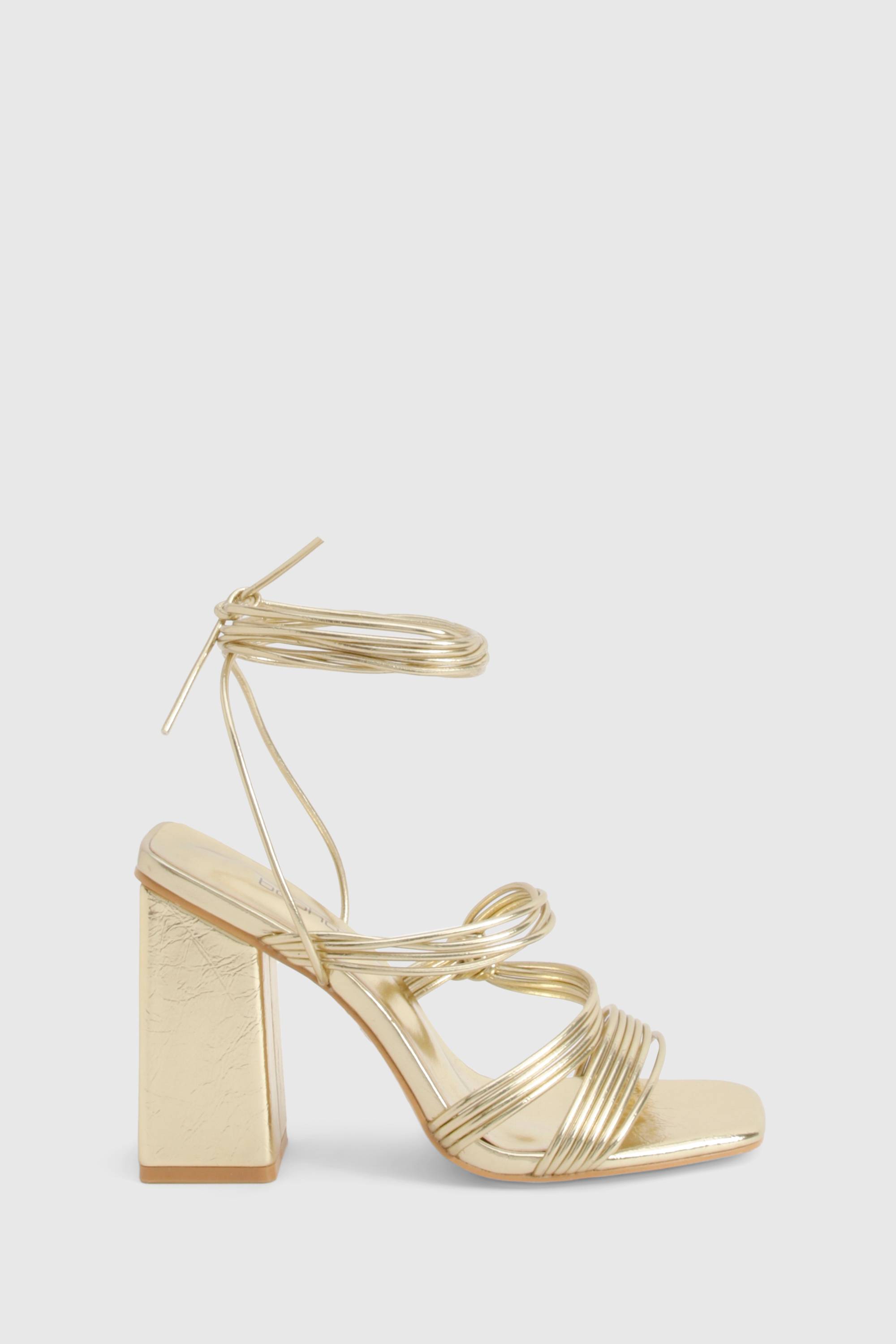 boohoo Metallic Multi Strap Tie Leg Block Heels