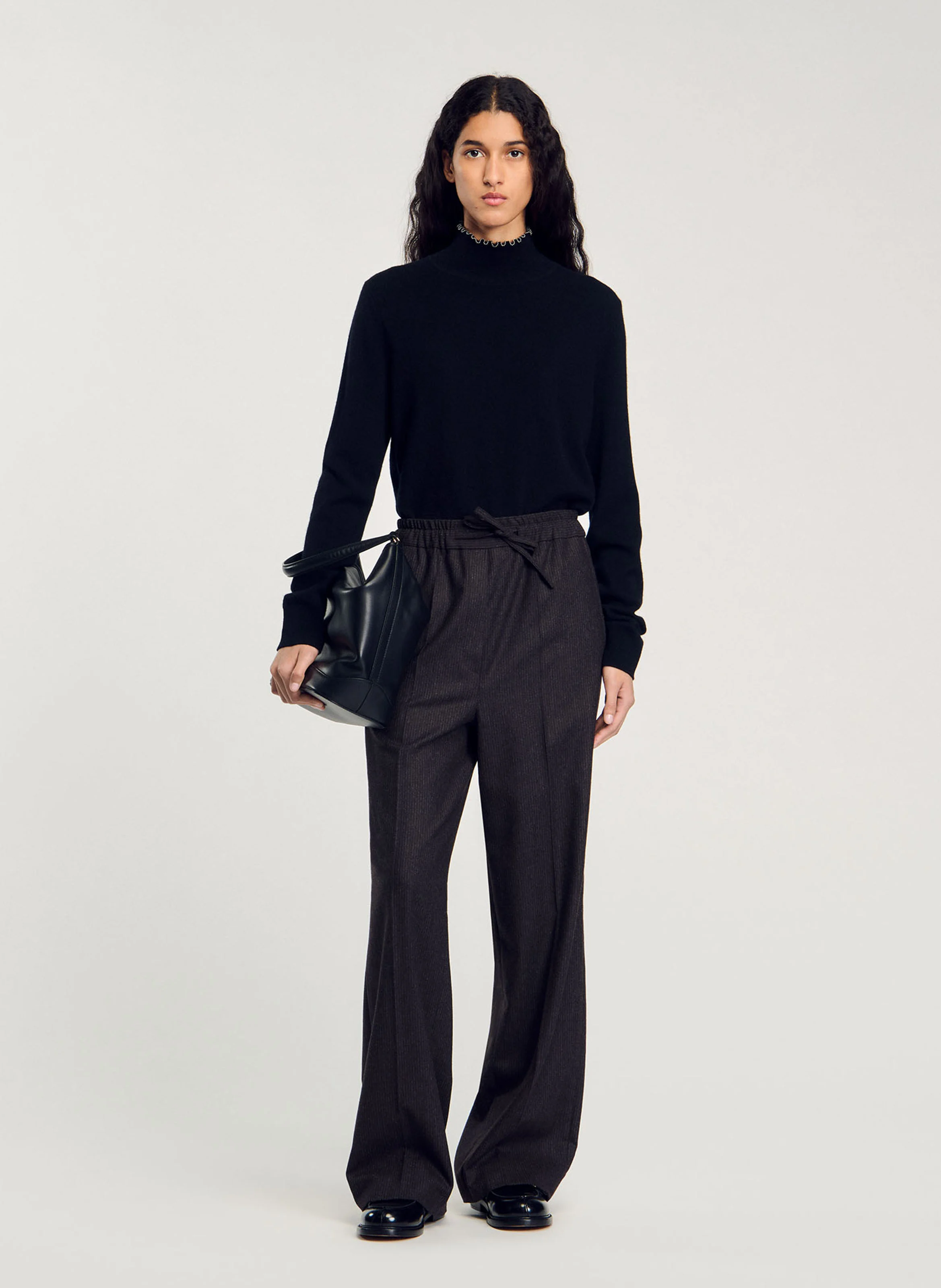 Pantalon large en laine mélangée | Marron