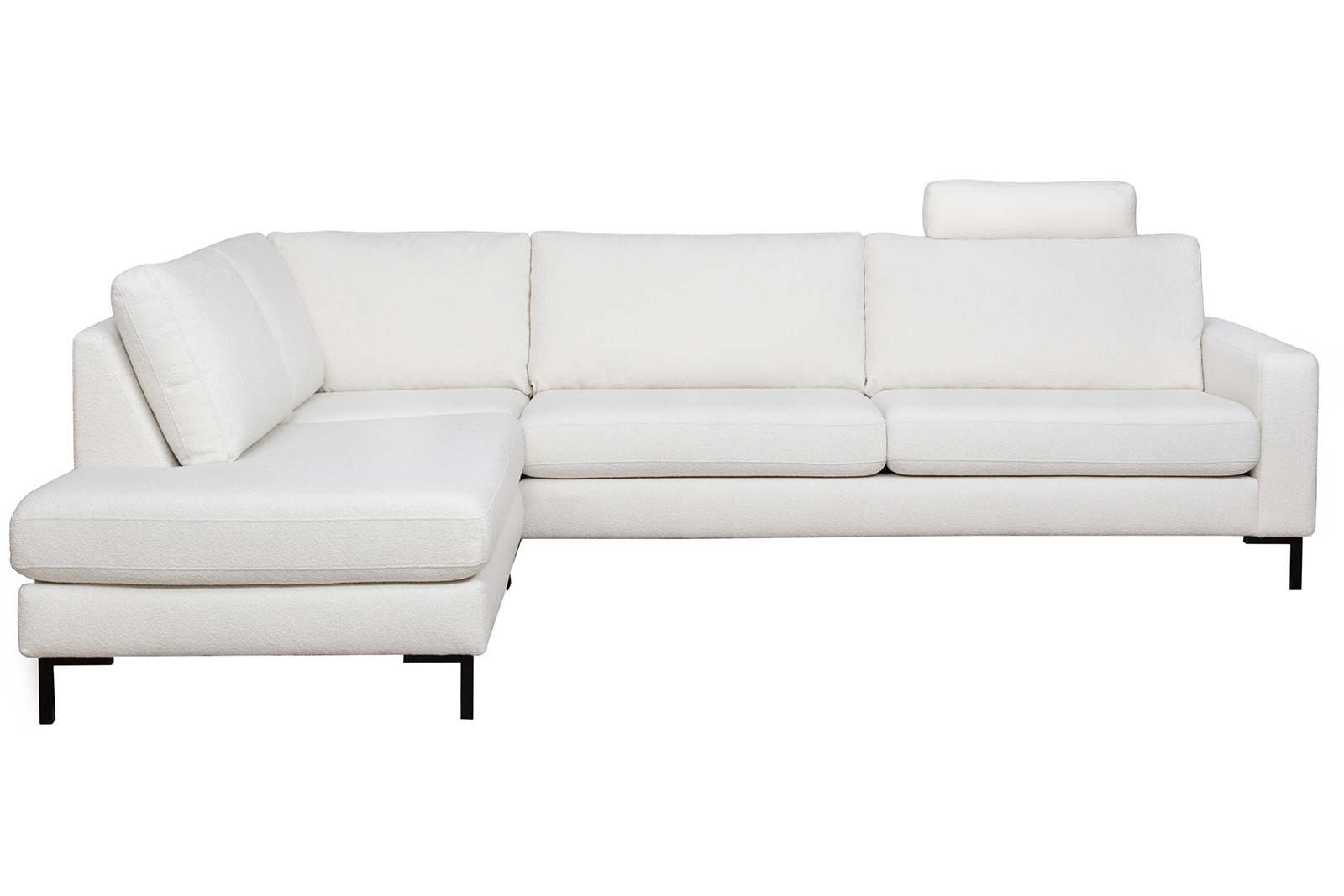 Pixel hjørnesofa 3-seter med åpen ende venstre i tekstil Alpine 101 Ivory med høy front, sorte stålben M01 og arm A15. Komfort 1 puter.