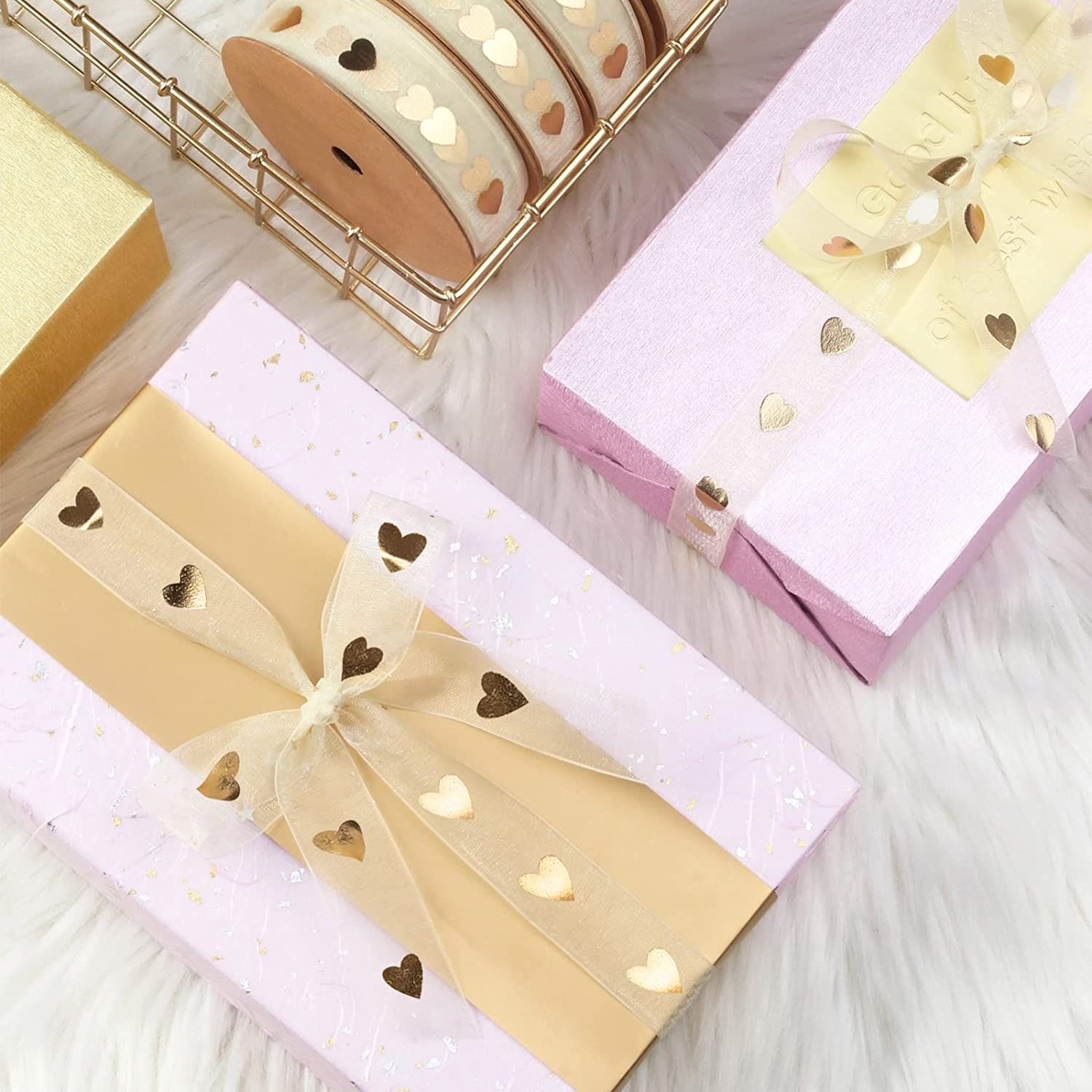 (2er Set) 1.5cmx9m Geschenkband Organza Deko Band mit Herz Print - Gold