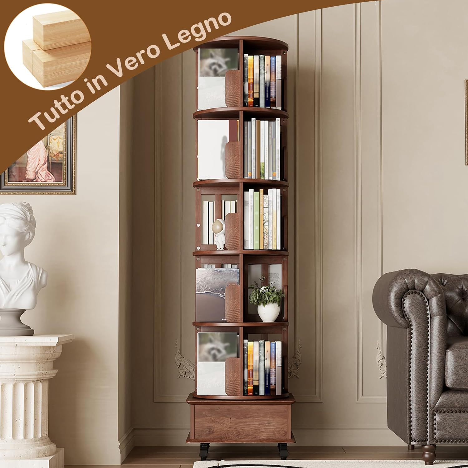 Drehbares Bücherregal aus Massivholz mit 1 Schublade, Rollende Bücherregale auf Rädern, Platzsparendes Drehendes Bücherschrank Turm für Wohnzimmer, Schlafzimmer, 185 x 47,5 x 47,5 cm, Walnuß