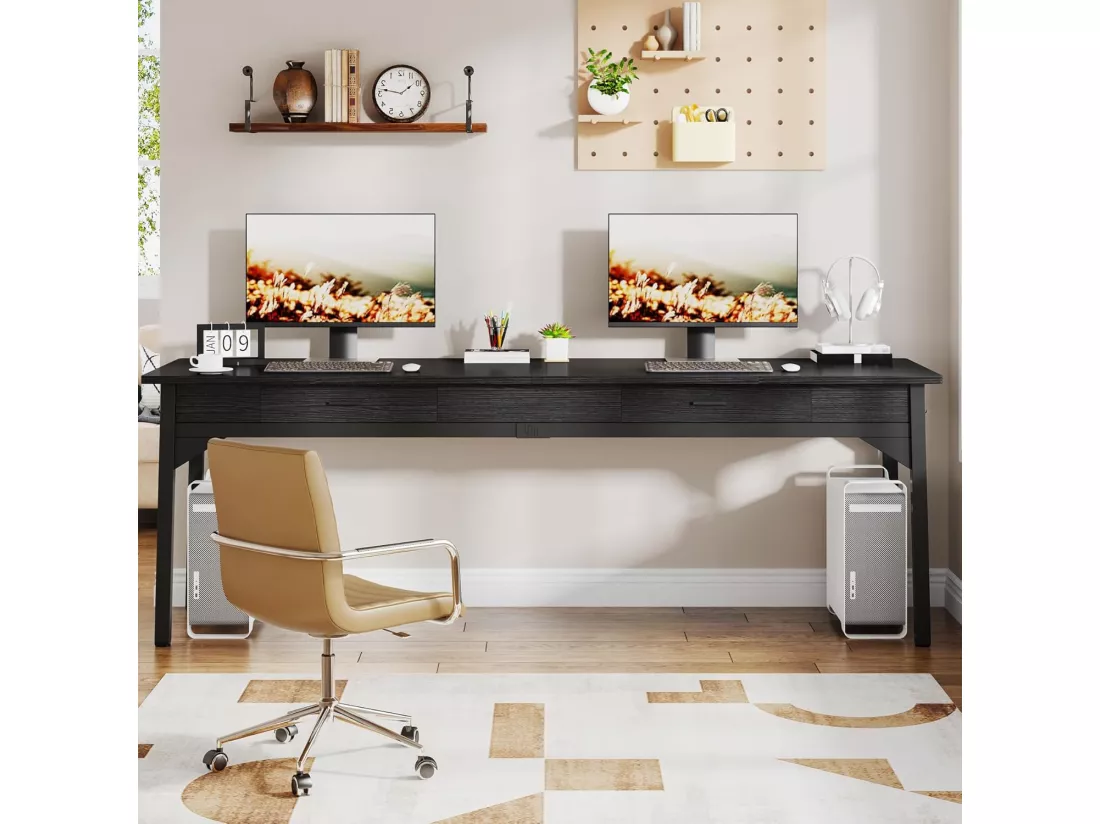 Bureau d'ordinateur - 200 x 60 x 82 cm - Double Bureau Long avec 2 tiroirs - Noir