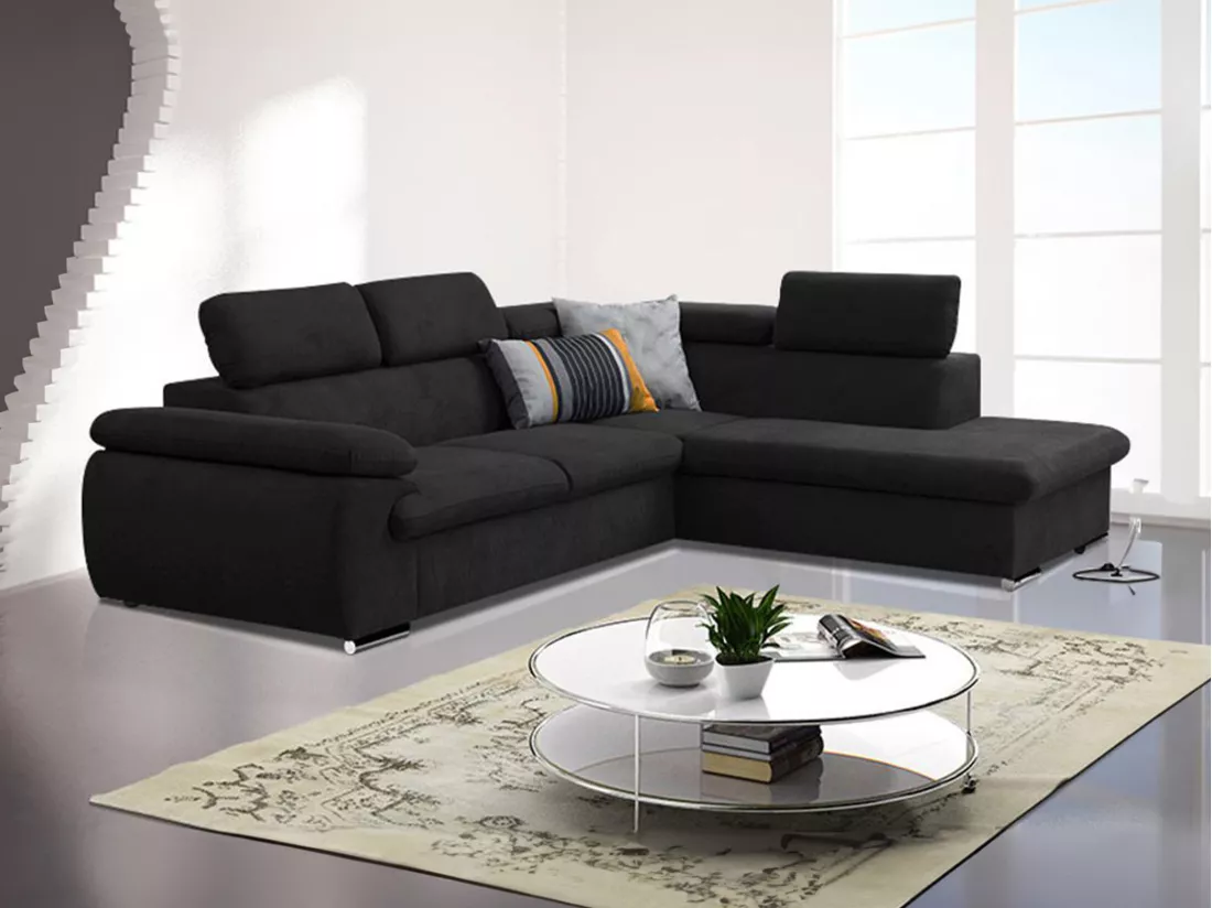 Canapé d'angle droit convertible en tissu noir avec coffre de rangement FABIEN