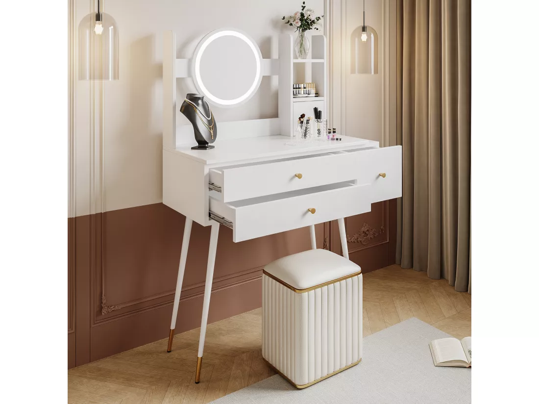 Coiffeuse avec miroir à LEDs - 3 tiroirs spacieux et étagères de rangement - 80 x 40x 130 cm - Bois MDF - Blanc (sans tabouret)