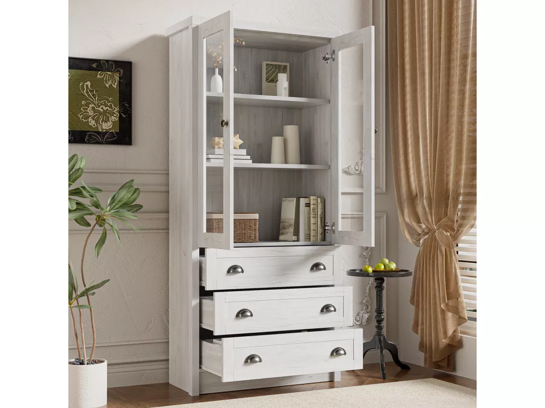 Armoire haute moderne 80x34x171 cm - avec 2 portes vitrées - 3 tiroirs - blanc
