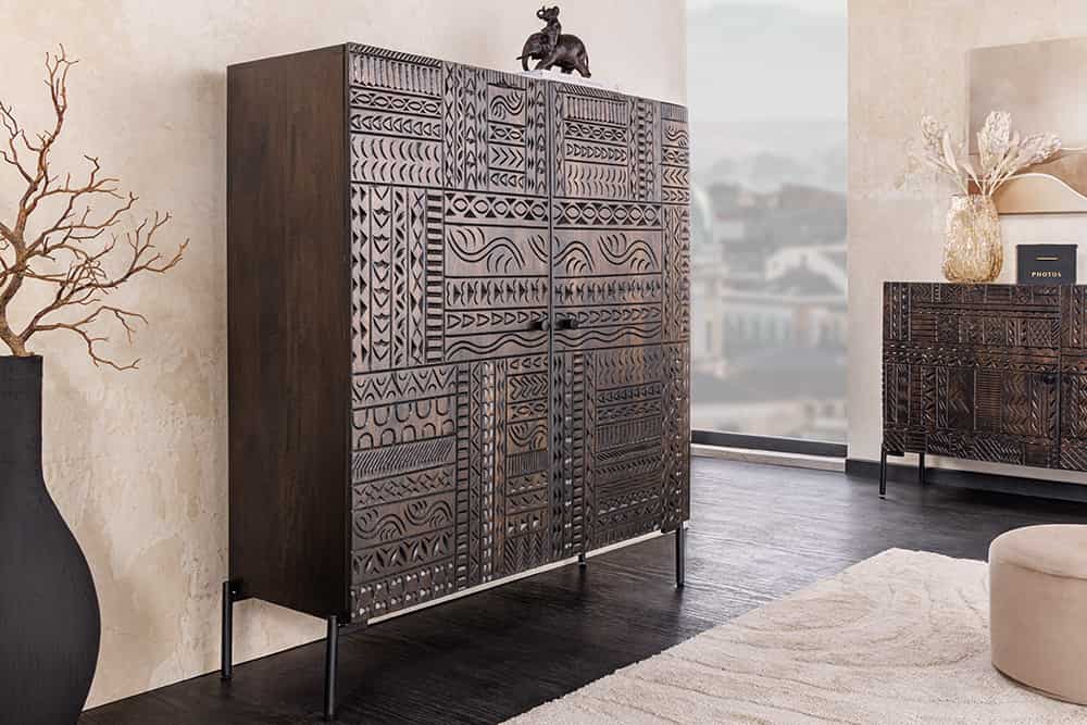 Massives Highboard TRIBAL 120cm antik braun Mangoholz 3D-Front viel Stauraum