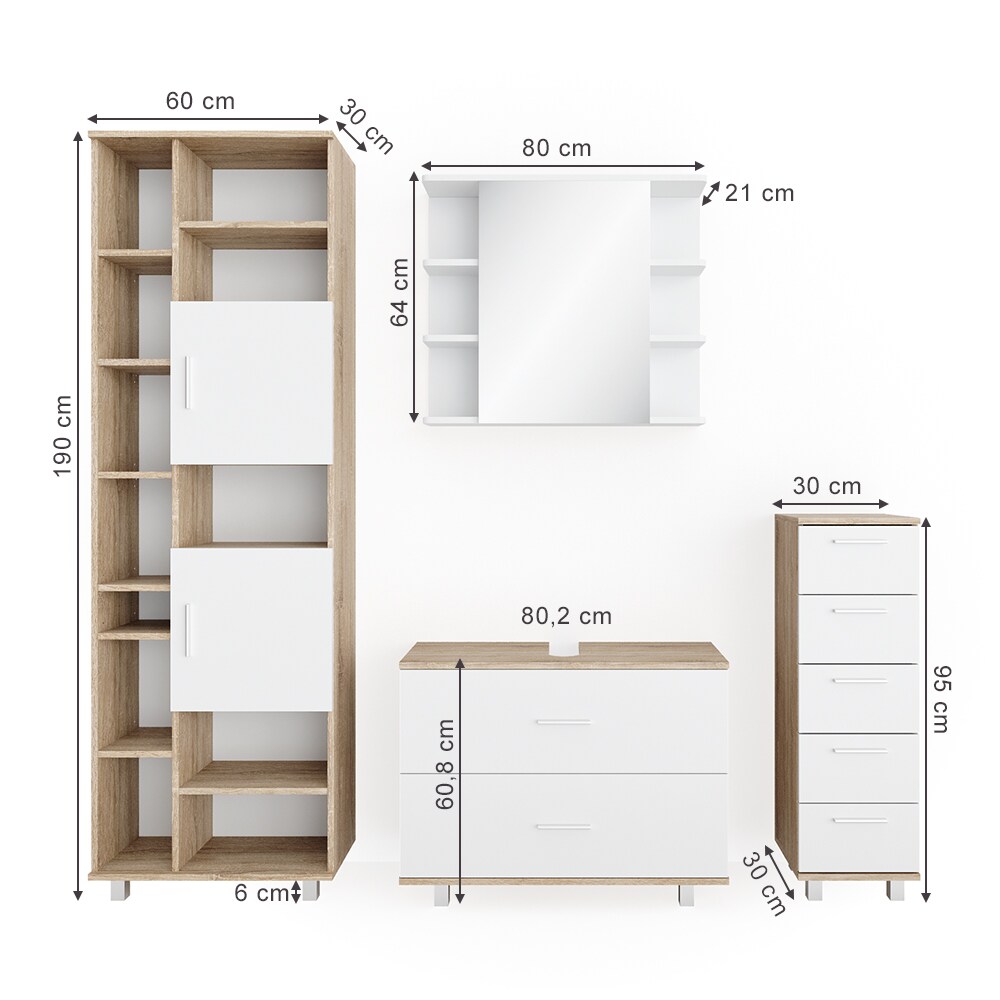 VICCO Badmöbel Set ILIAS Weiß Eiche Spiegel Kommode Unterschrank Badschrank