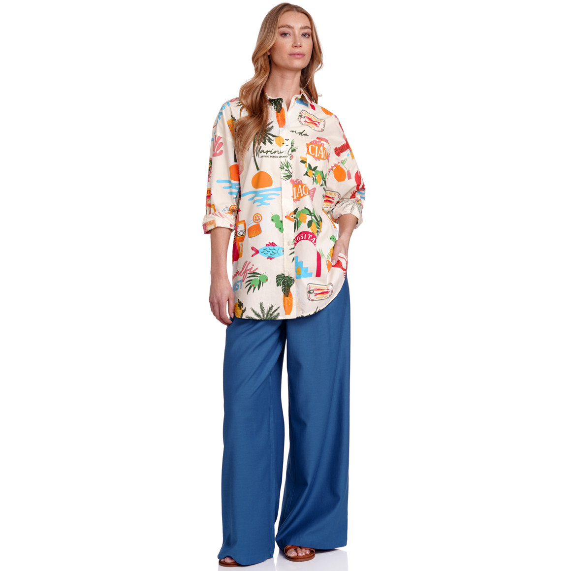 Jonas Nielsen Damen Bluse mit Urlaubs-Motiven weiss / bunt
