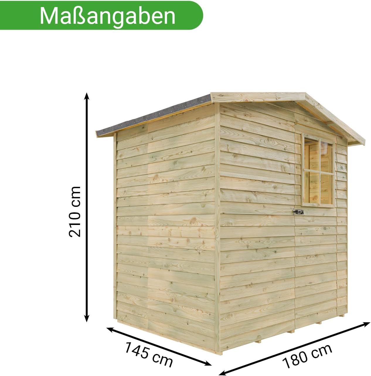 Gerätehaus Dortmund 1 | Gartenhaus | Wandstärke 9 mm | Kesseldruckimprägniert | BxTxH: 180 x 145 x 210 cm | Einzeltür mit Lichtausschnitt | Inkl. Dachpappe + Beschläge