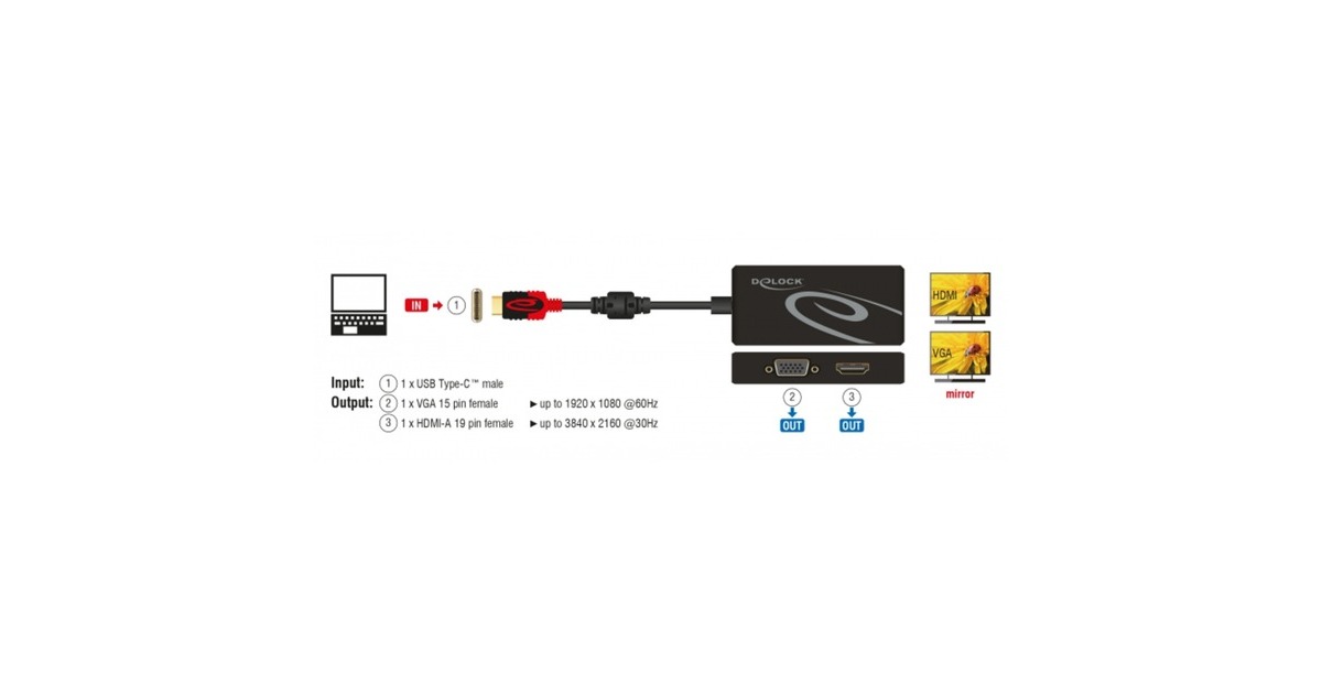DeLOCKUSB-C > HDMI/VGA adapter  (Zwart, 0,2 meter)