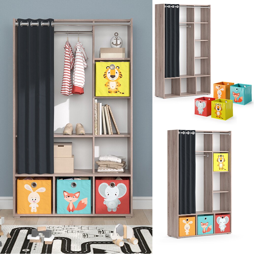 Vicco Kinderkleiderschrank Kinderzimmerschrank Kindergarderobe Luigi Sonoma Faltbox 106 x 178 cm modern Schrankregal Jugendzimmerschrank Organizer Vorhang Kleiderstange Fächer Aufbewahrung Spielzeugablage
