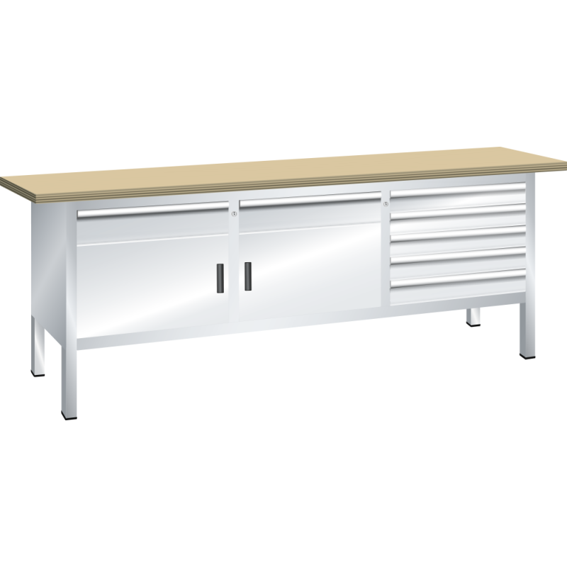Lista - Établi compact plateau 200 x 70 cm - 2 porte battantes - 2 rayons - 7 tiroirs