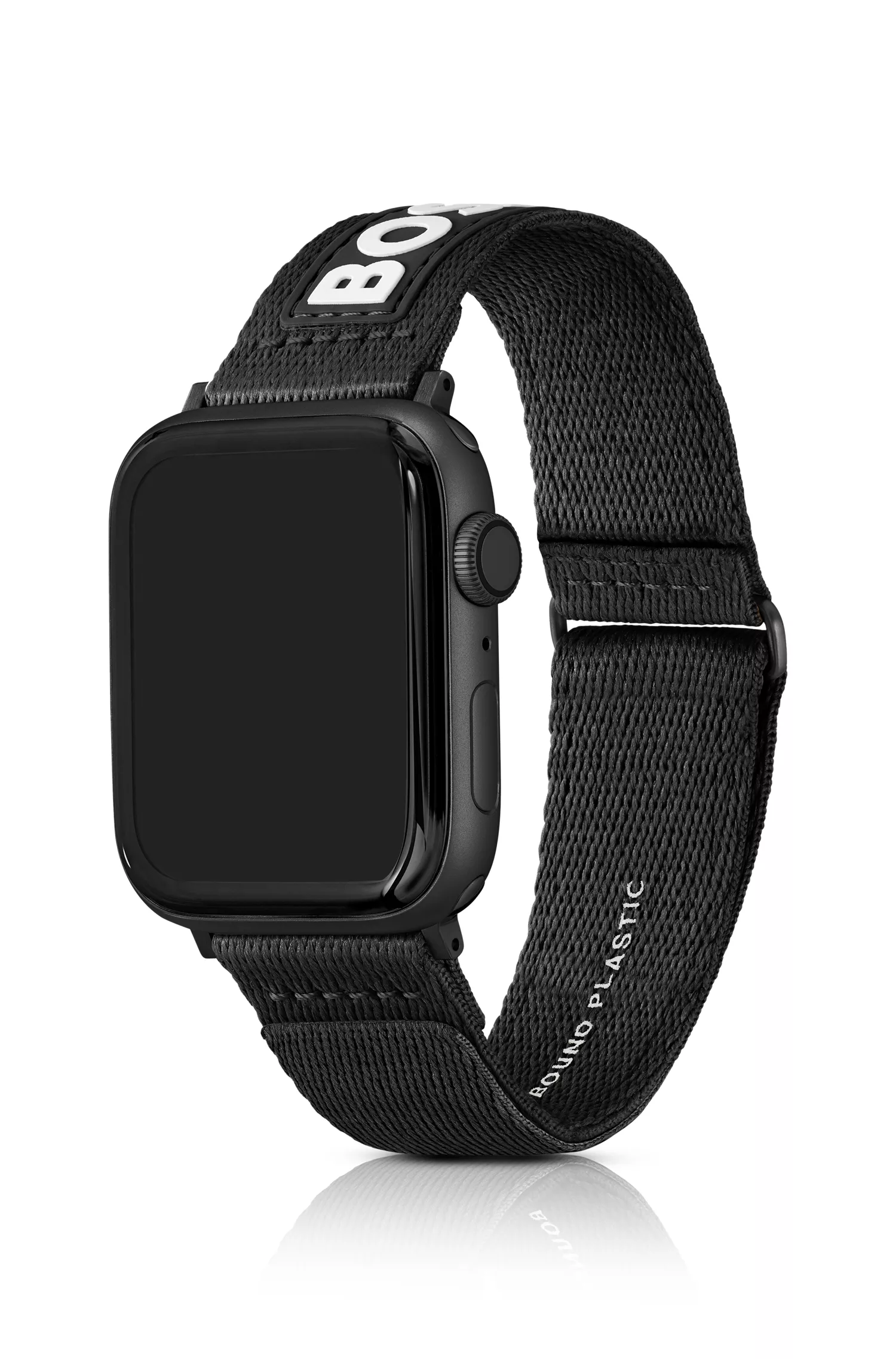 Pulseira BOSS laranja e preta em tecido para Apple Watch com logotipo contrastante