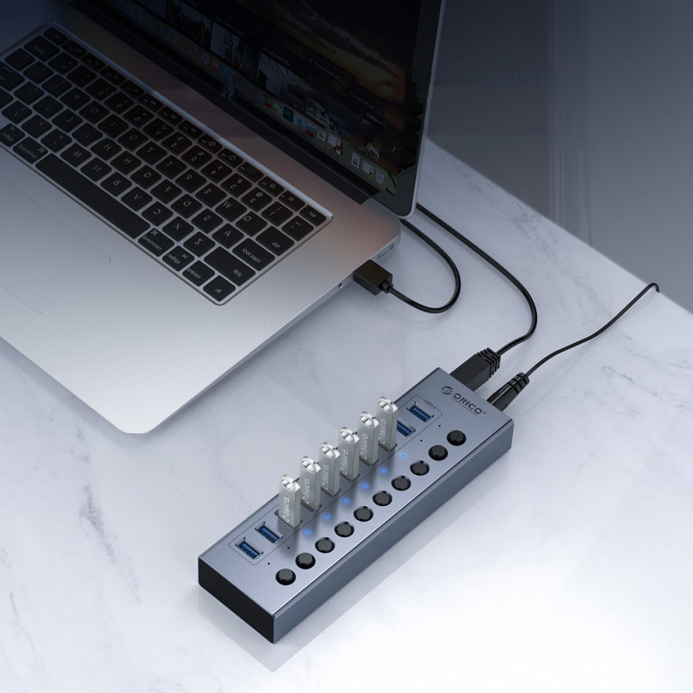 (28cm) 16-fach USB 3.0 Hub Aluminium Adapter mit USB Port Steuerung Tastenschalter 5GB/s   Netzteil (12V/5A) - Grau