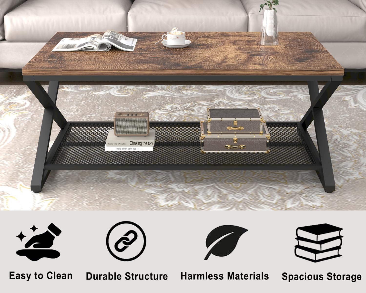 LVB Couchtisch Rechteckig mit Stauraum Wohnzimmer Möbel Wohnzimmertisch mit Stauraum Sofatisch Beistelltisch aus Holz Metall Grau 100x60x45 cm