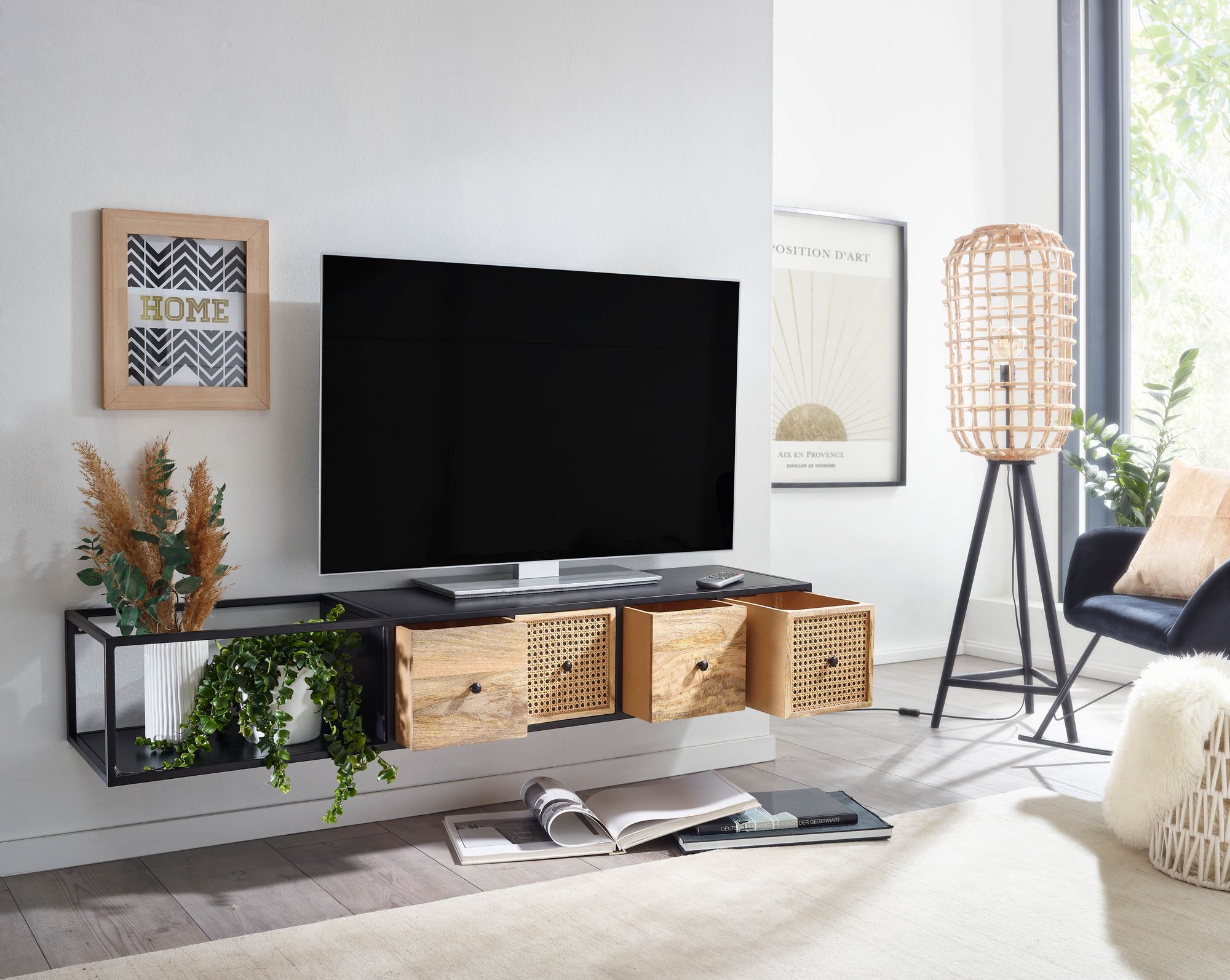 TV Schrank FineBuy Lowboard Hängend 150x25x35 cm Wiener Geflecht Holz Metall
