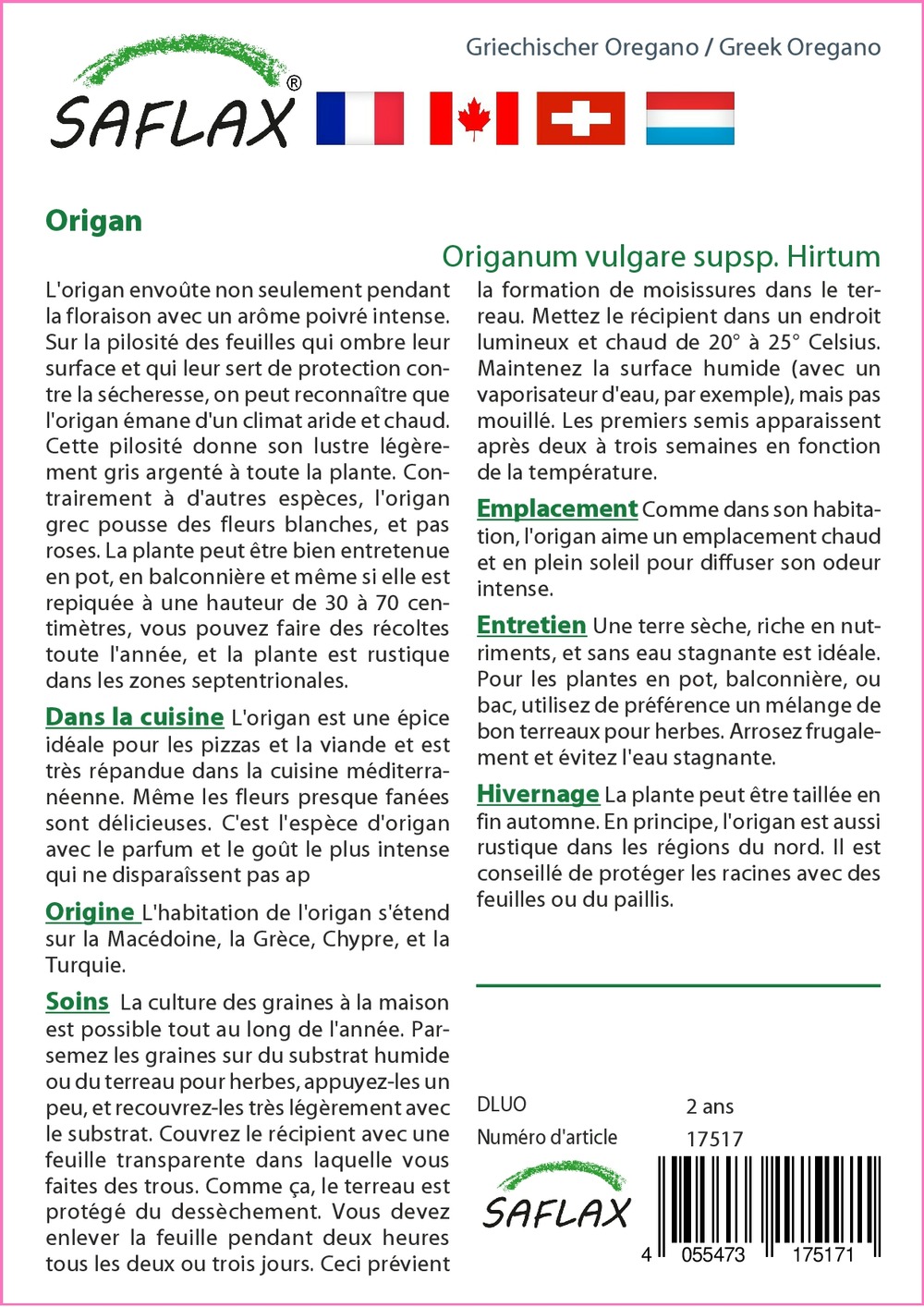 Kit cadeau - origan - 600 graines - origanum vulgare supsp. Hirtum
