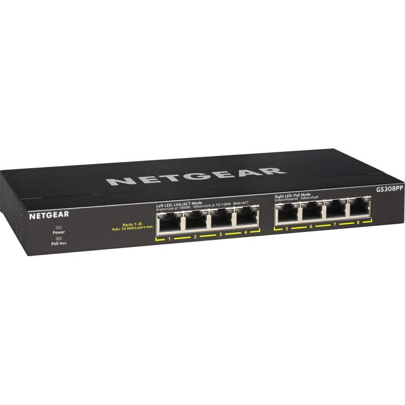 NETGEAR GS308PP Non-géré Gigabit Ethernet (10/100/1000) Connexion Ethernet, supportant l'alimentation via ce port (PoE) Noir