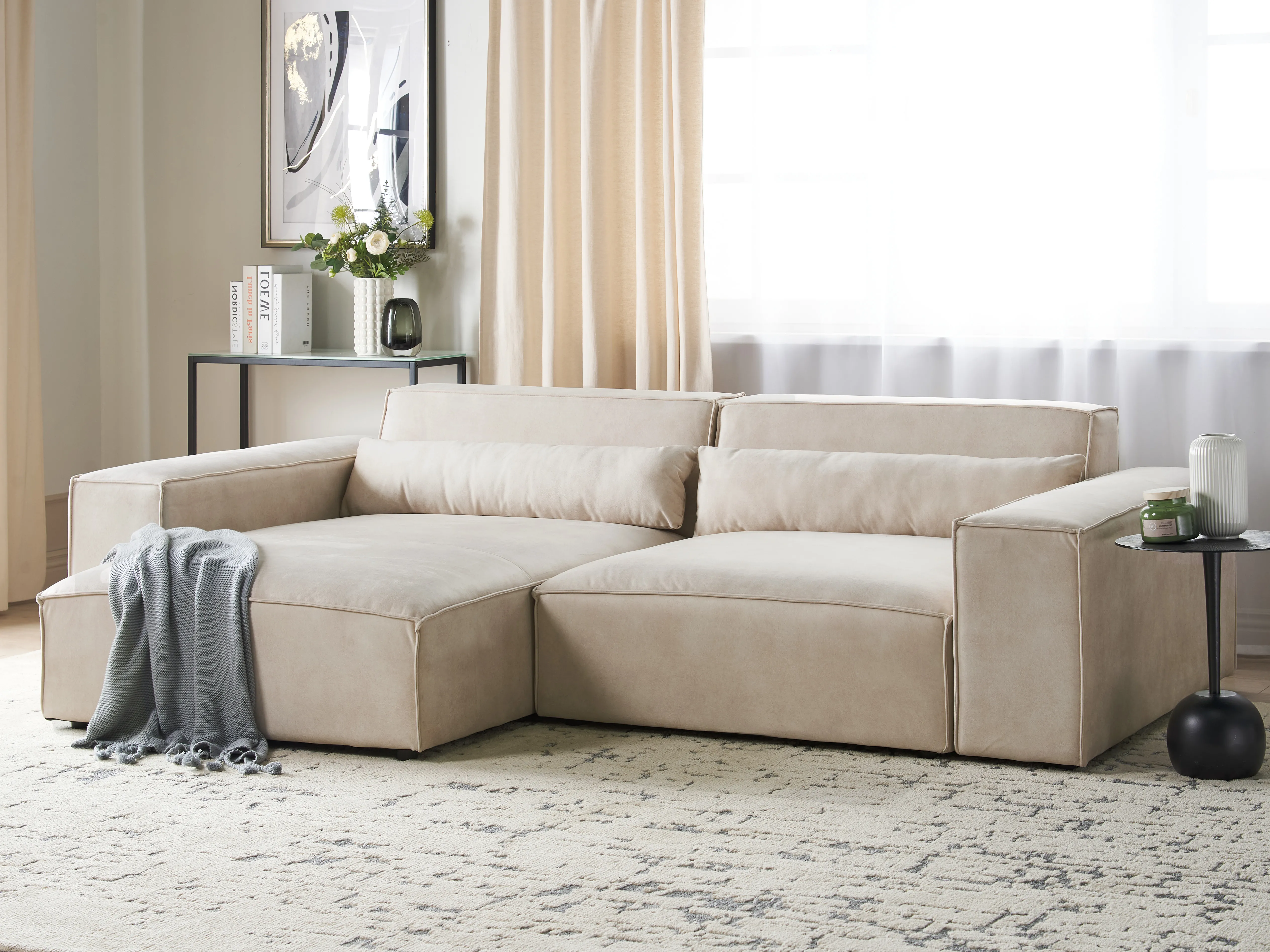Modulaire hoekbank 2-zits HELLNAR Fluweel Lichtbeige rechtszijdig