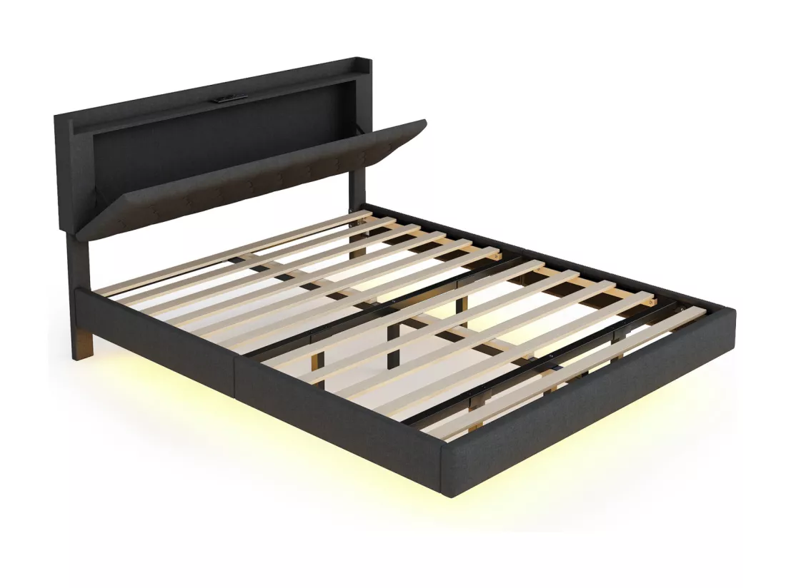 Lit double LED suspendu 160x200cm, en tissu de lin, avec sommier à lattes et tête de lit avec port de chargement USB, gris